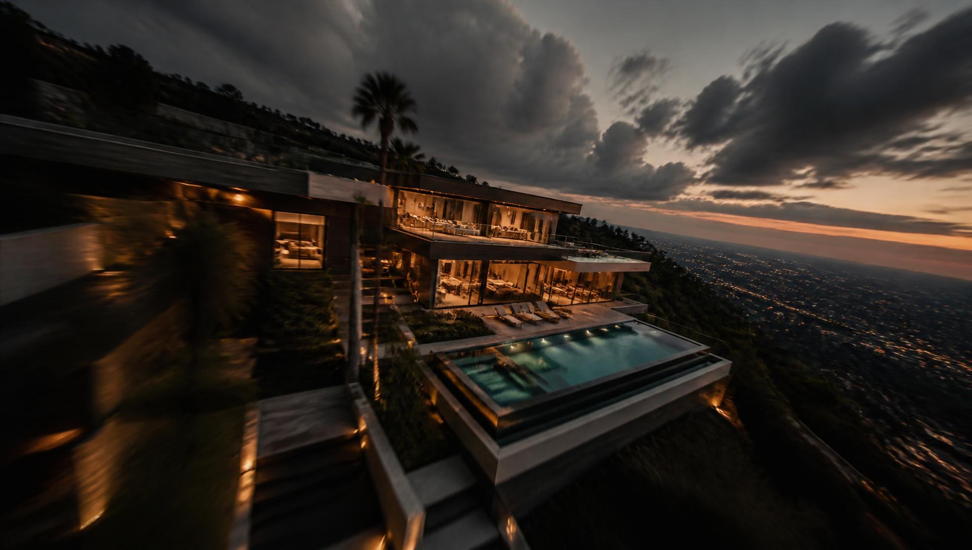 FPV drone flying through a luxury hillside home at dusk